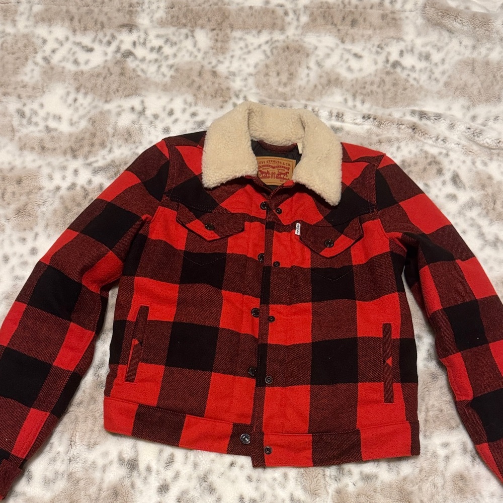 Levi's Red and Black Checkered Jacket with Cream Sherpa Collar